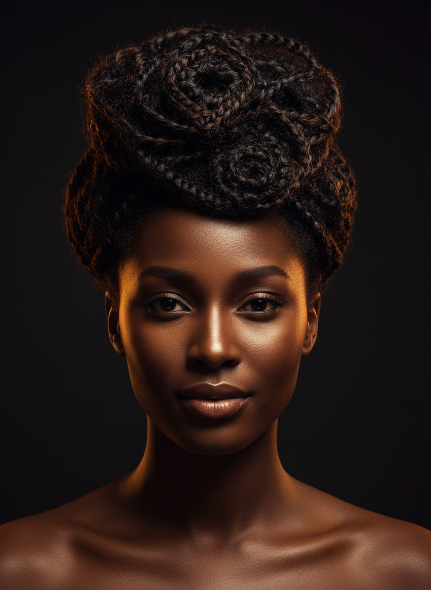 Beautiful Black woman with intricate natural hair, luxury editorial portrait