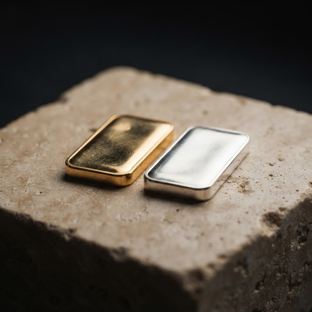 Gold and silver bars resting on a warm stone surface