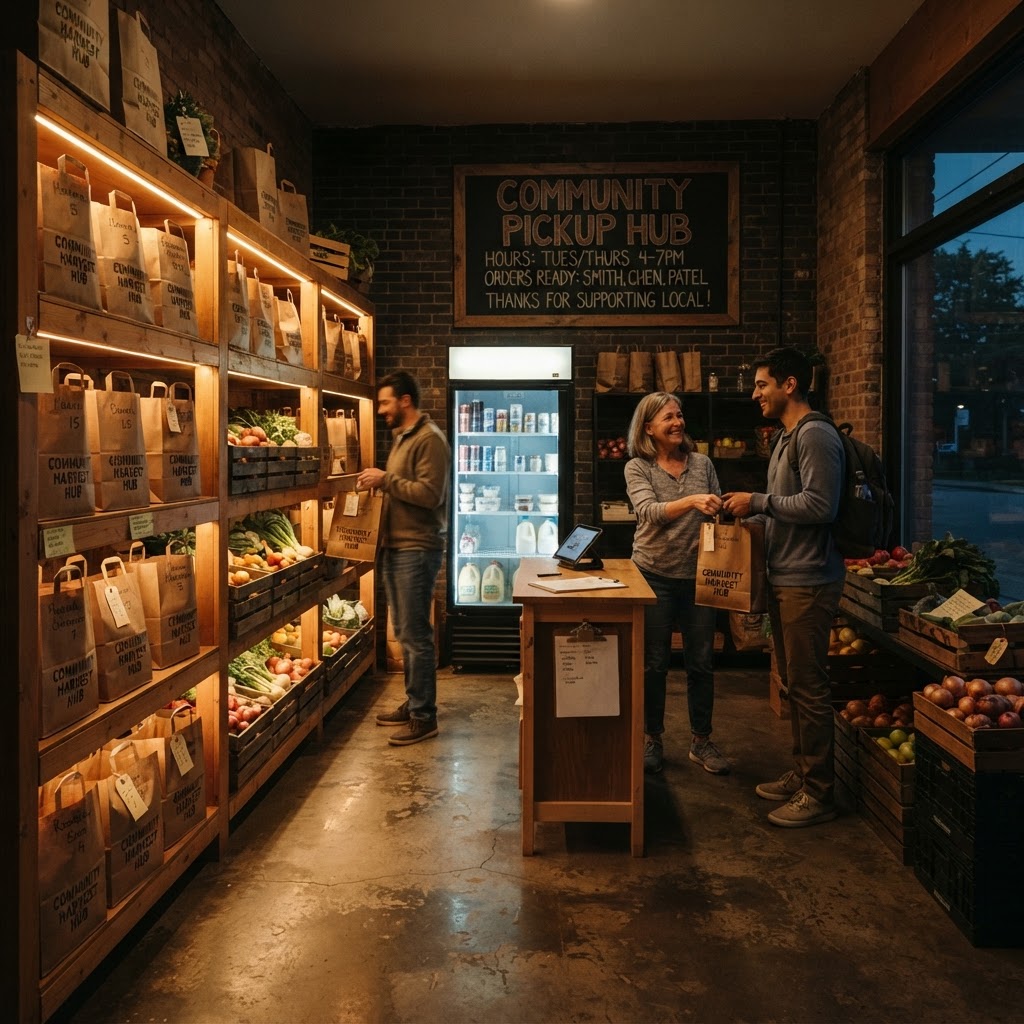 A community pickup hub with labelled grocery bags on warm wooden shelving