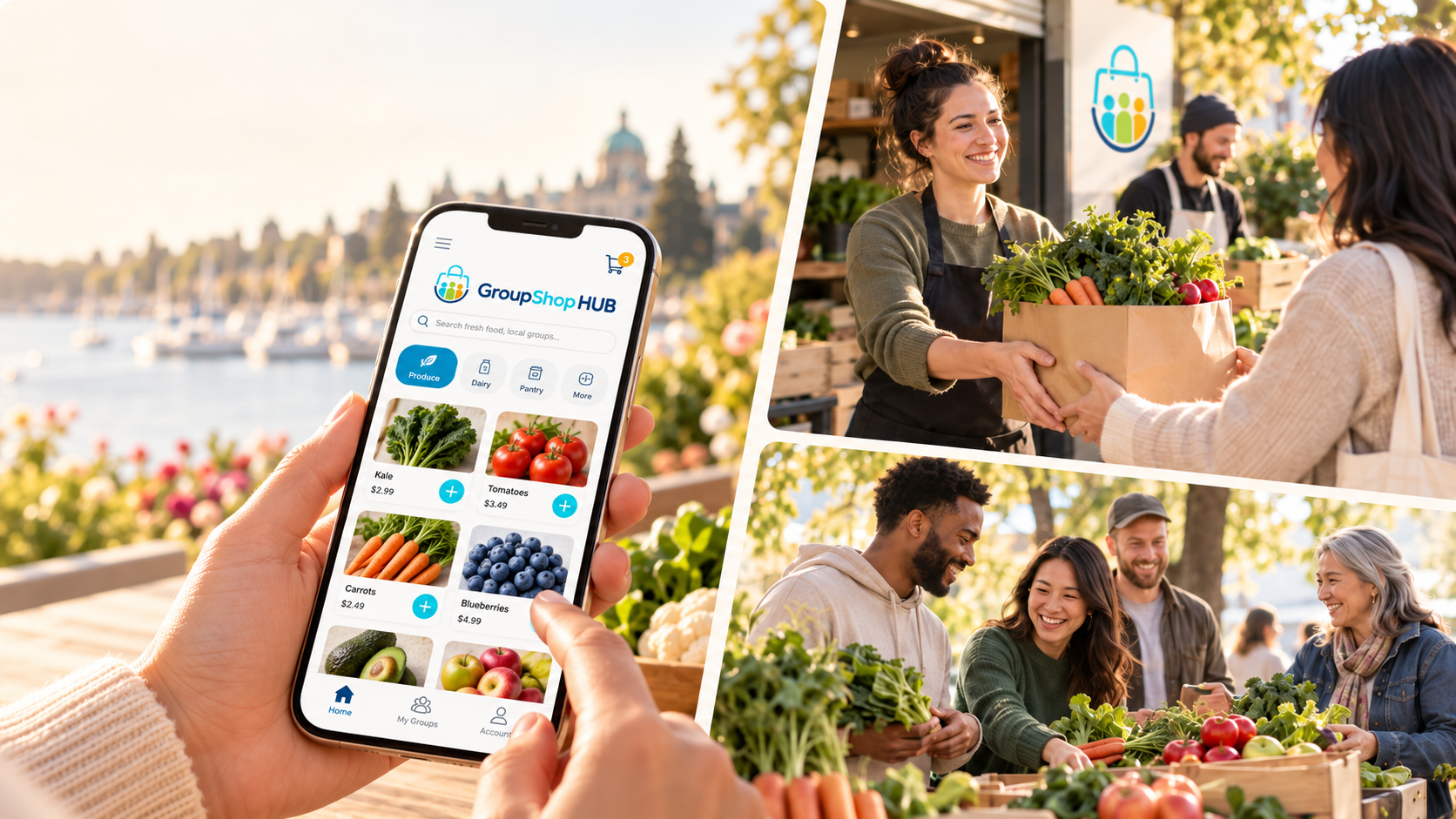 Shopping the GroupShop Hub app by the Victoria harbour, a seller handing over a box of fresh vegetables, and neighbours choosing produce together