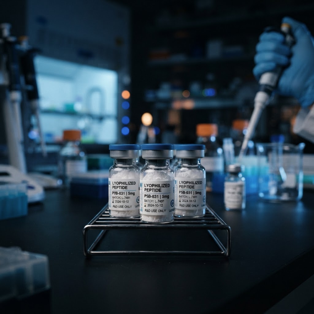 Research laboratory bench with peptide vials