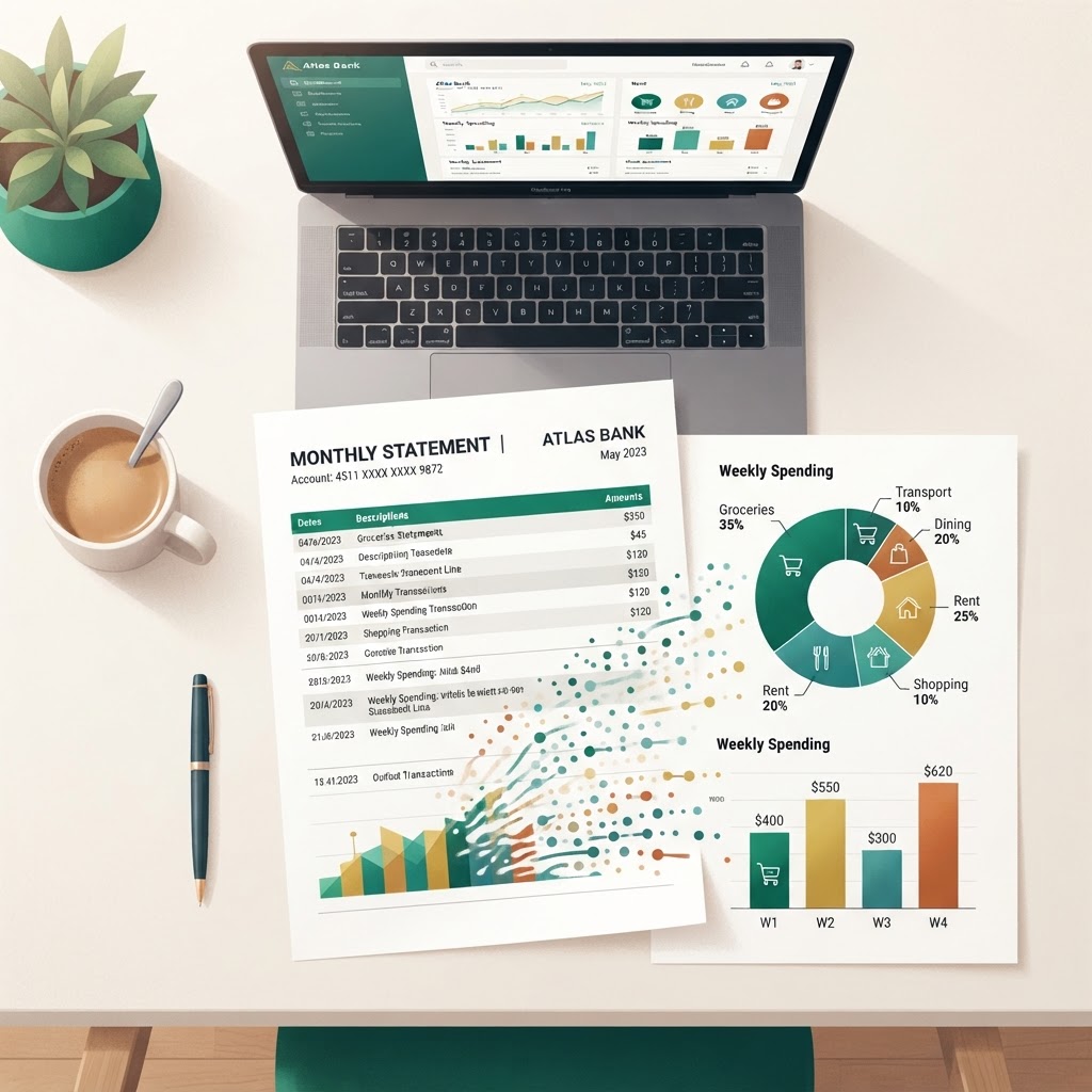 Bank statement document transforming into colorful spending category charts and graphs