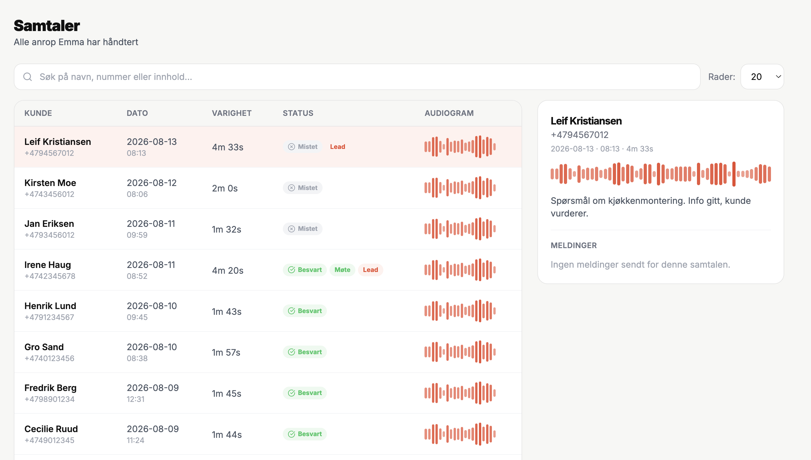 Samtalelogg med waveform og detaljpanel