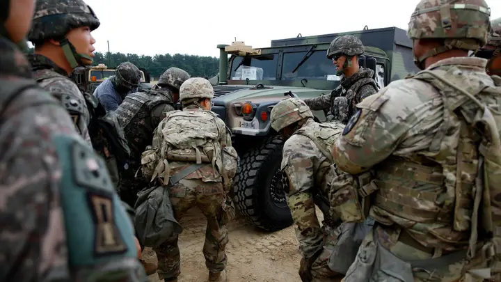 Soldiers of South Korean 1st Army Military Support Brigade and U.S. Army's 2nd Infantry Division participate in a Combined Distribution Exercise in Pohang, South Korea.