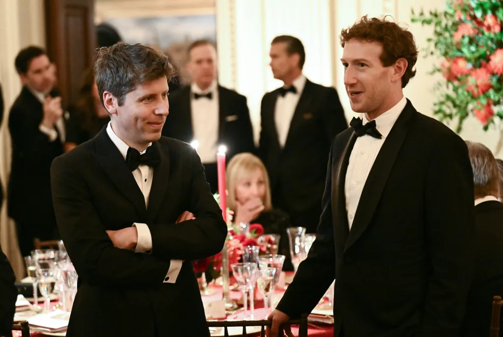 Guests in black-tie attire converse at the state dinner