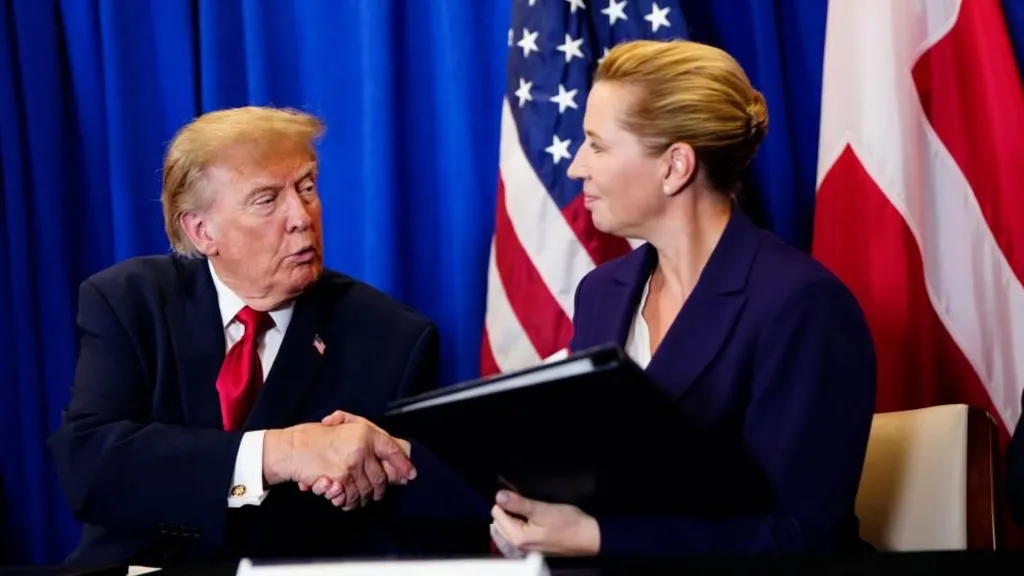 Trump shakes hands with Danish PM Mette Frederiksen