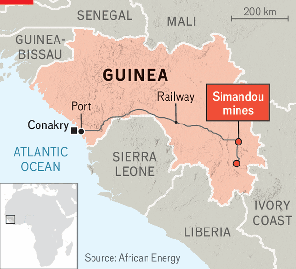 Map showing the Simandou mines and railway route across Guinea