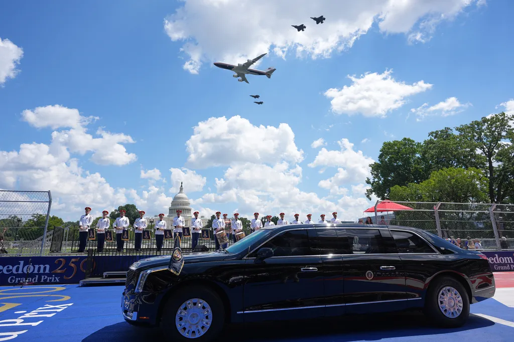 The presidential limousine 'The Beast' on the Freedom 250 track with a military flyover over the U.S. Capitol