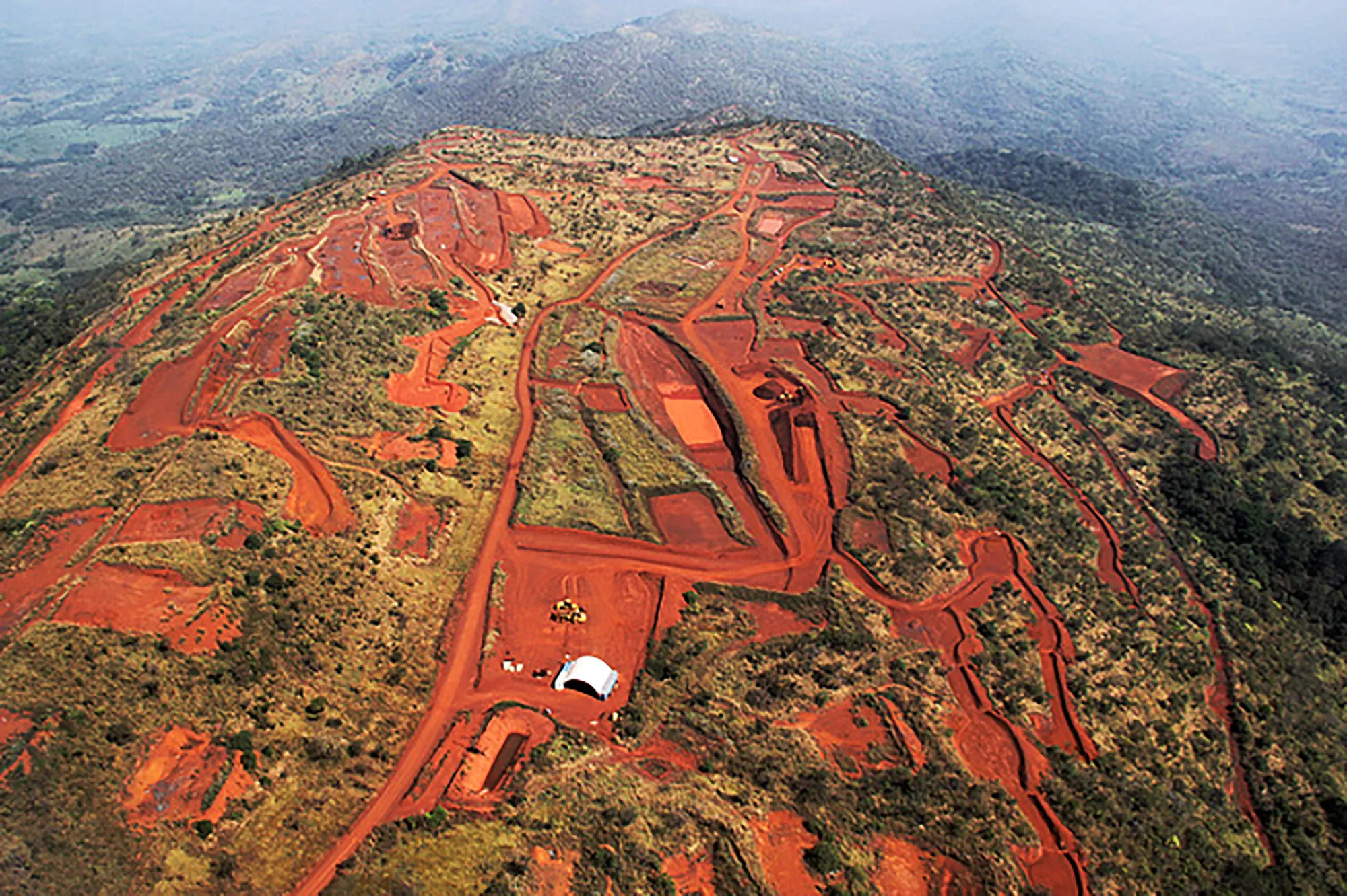 Aerial view of open-pit mining operations in Guinea