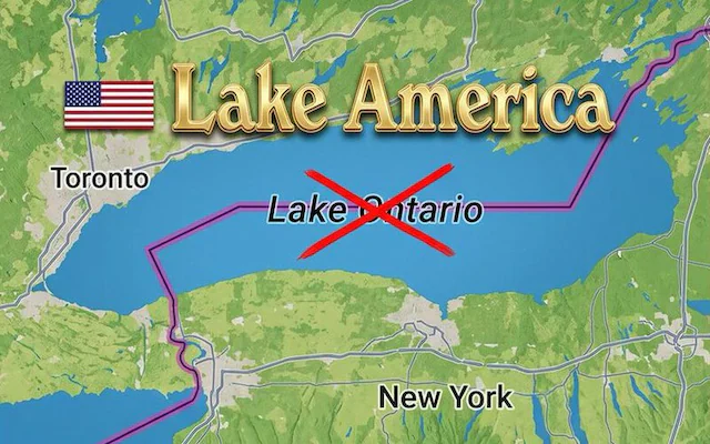 Map of Lake Ontario rebranded as Lake America, with the old name crossed out in red.