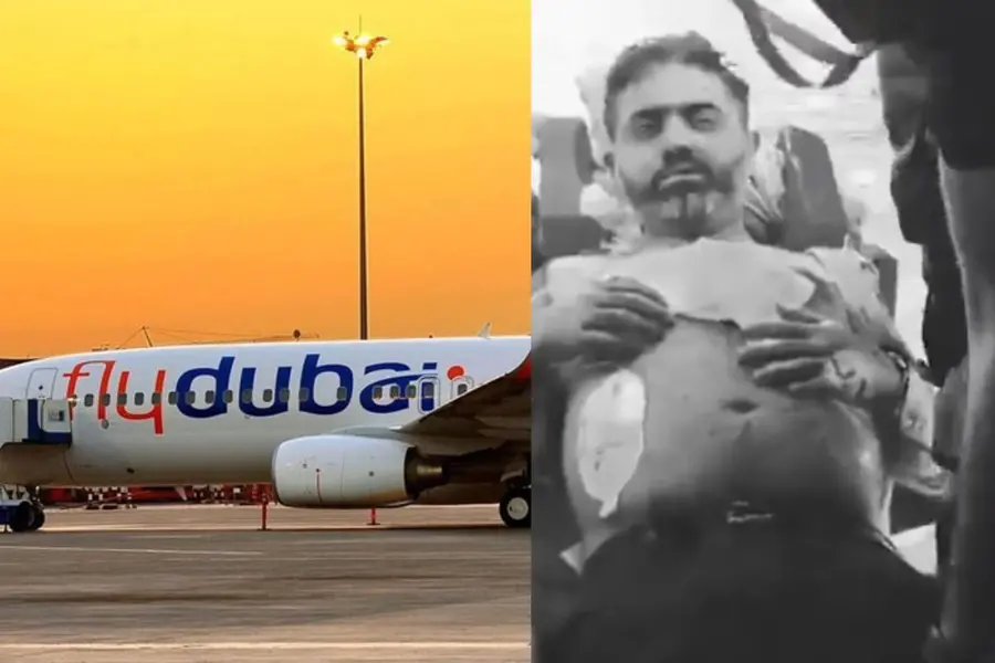 flydubai aircraft at sunset and recovering pilot