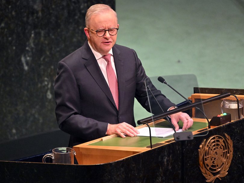 Anthony Albanese speaks at the United Nations General Assembly podium
