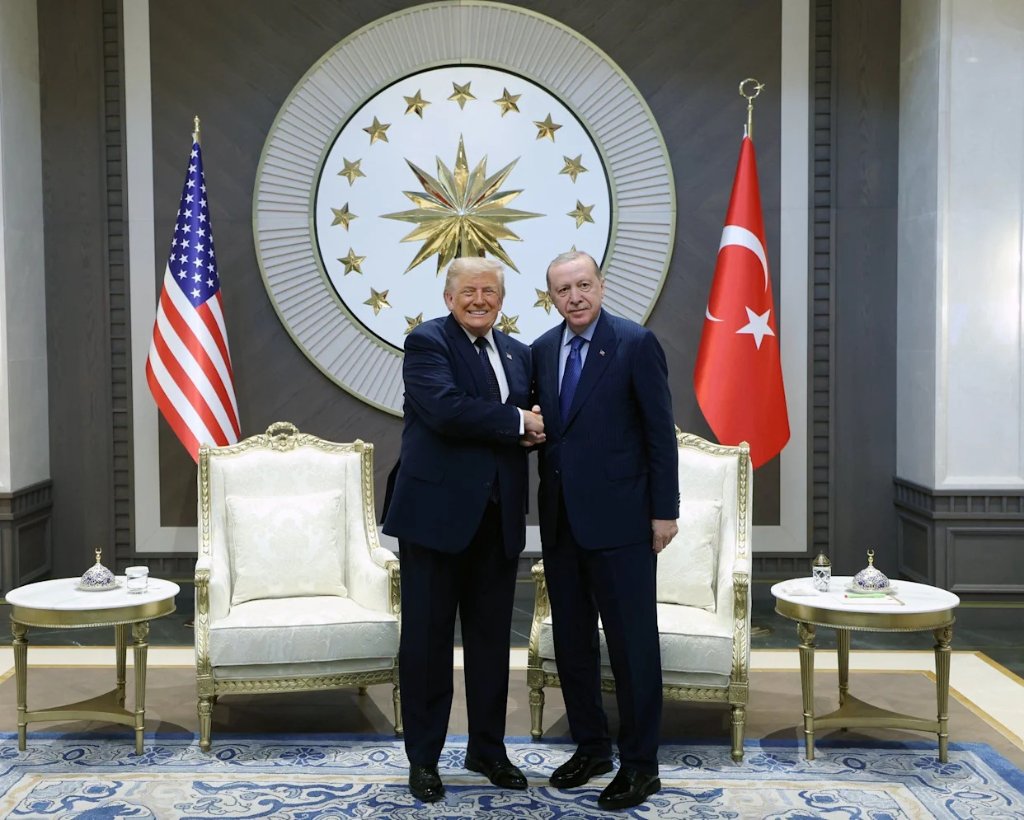 President Trump and President Erdoğan shake hands during their bilateral meeting in Ankara