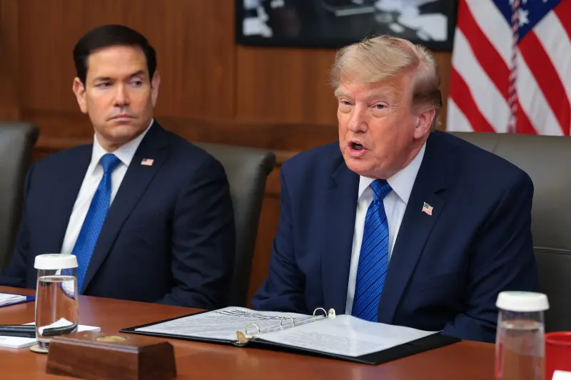 President Donald Trump speaking during a Cabinet meeting with Secretary of State Marco Rubio at Camp David