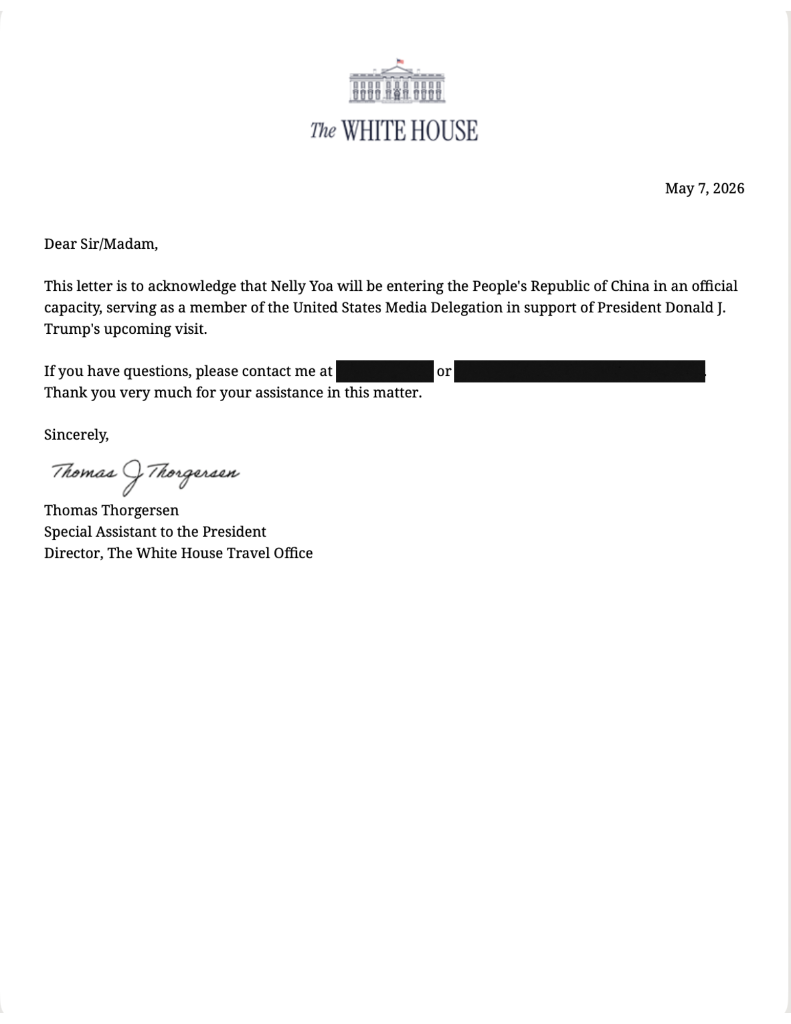 Redacted White House acknowledgment letter — May 2026