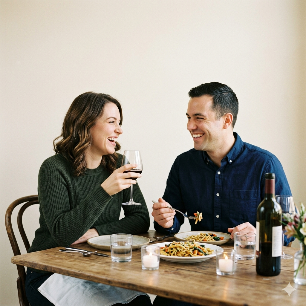 Two people laughing at dinner