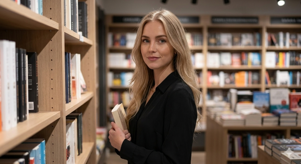 Woman in library with book