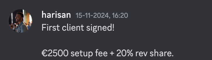 Harisan — First client signed, €2500 setup fee