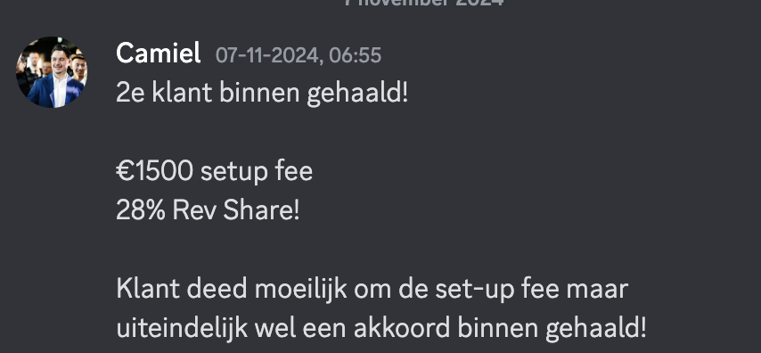 Camiel — 2e klant binnen, €1500 setup fee