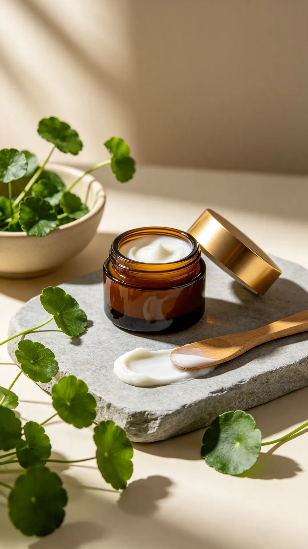Tarro de crema abierto sobre una piedra, con crema en una espátula de madera y hojas frescas de centella asiática alrededor