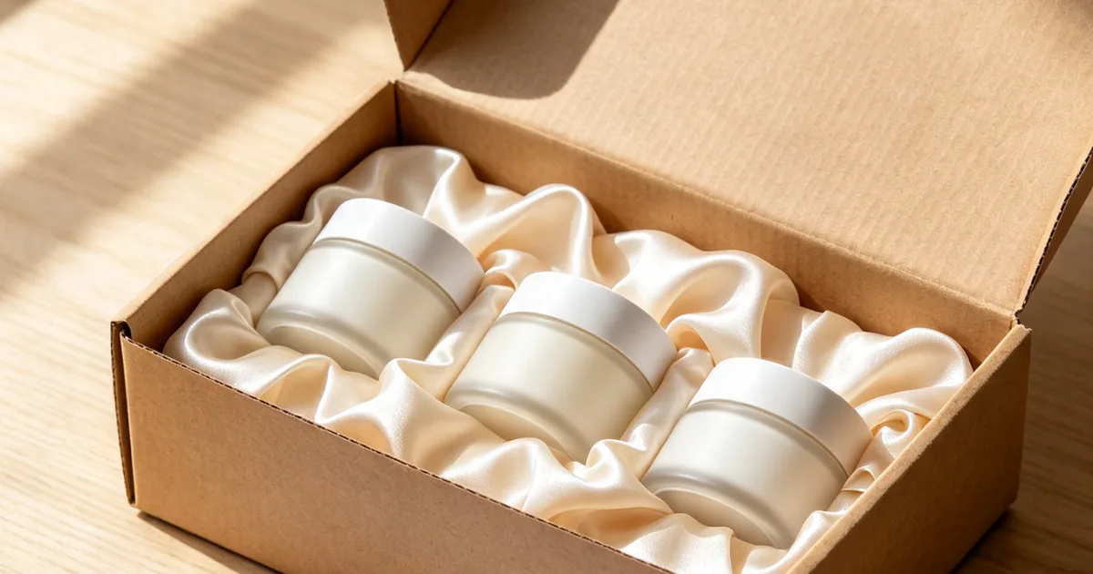 Caja abierta con tarros de cosmética natural sobre tela satén, primer pedido de distribuidor