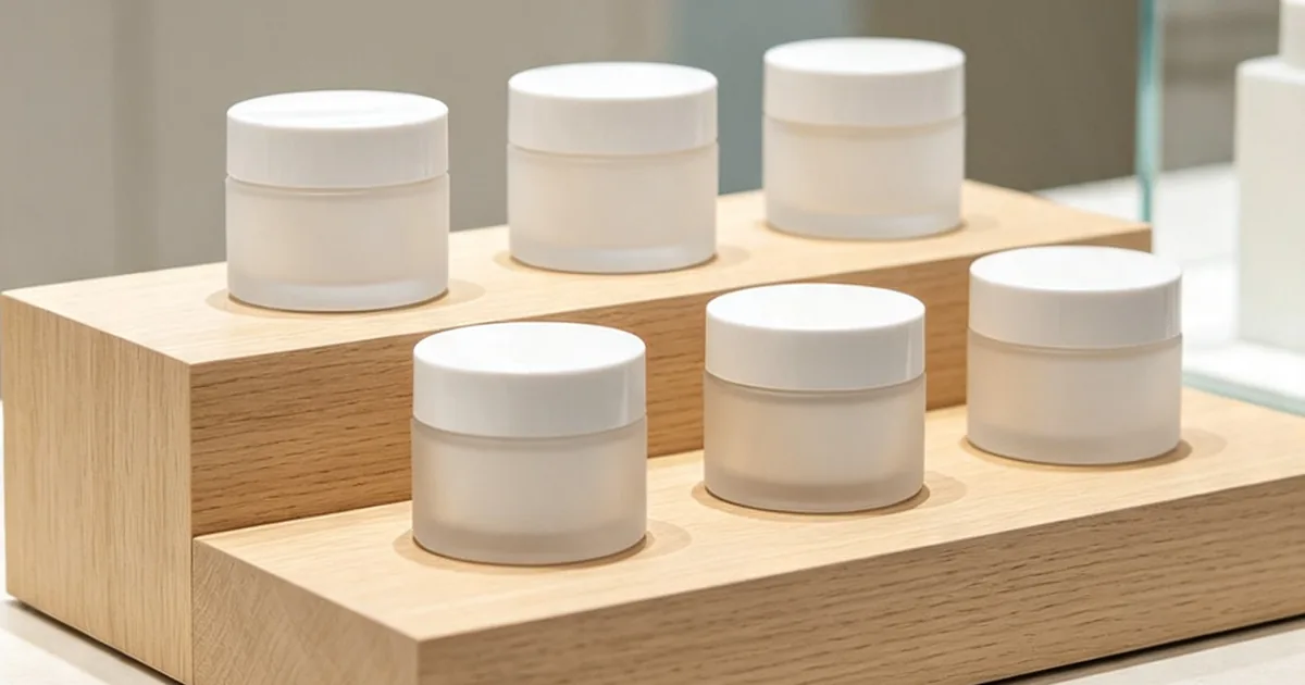 Expositor de farmacia con tarros de cosmética natural en estantería de madera de dos niveles