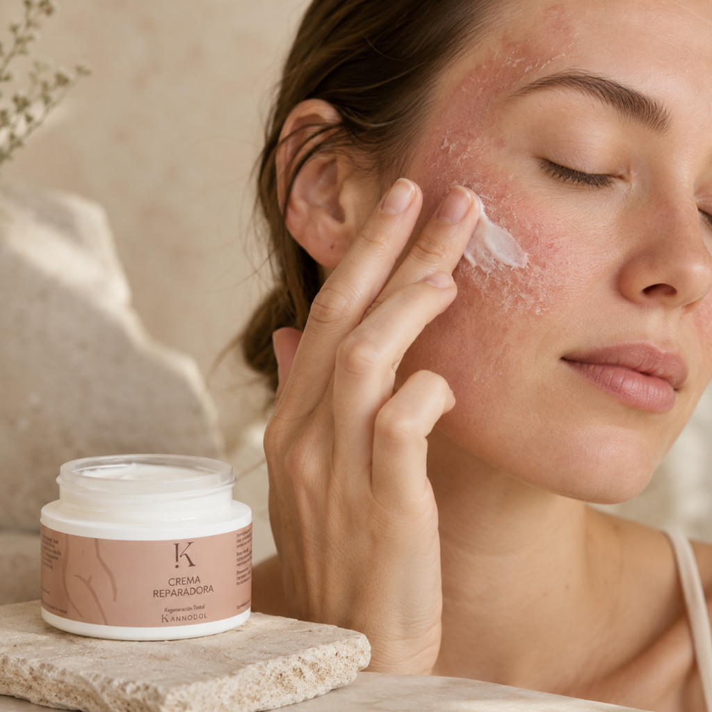 Crema Reparadora de Kannodol aplicada en el rostro