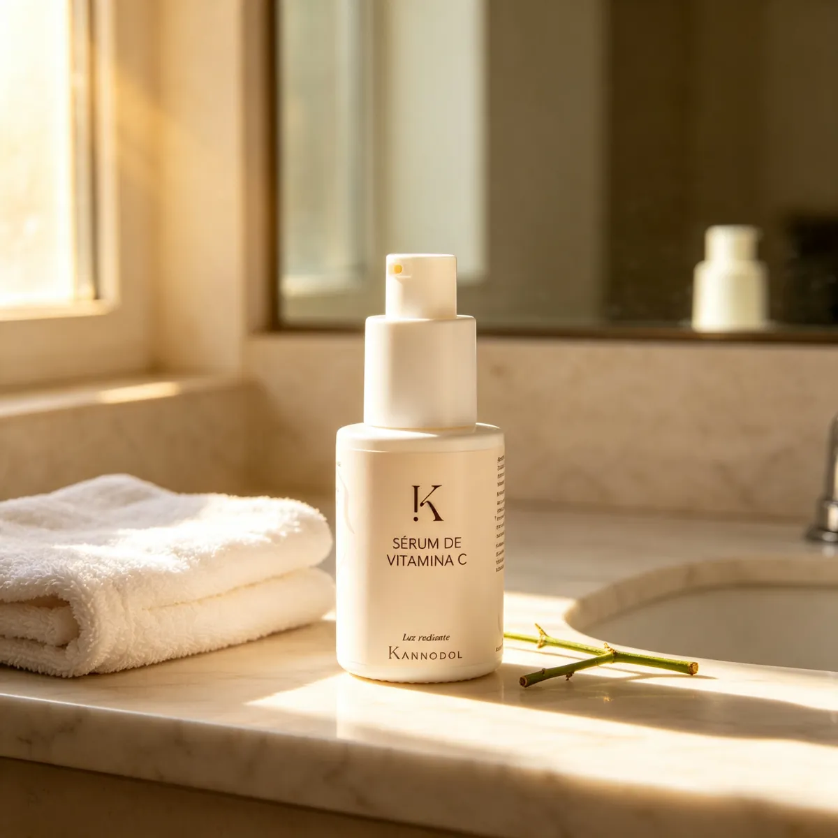Sérum de vitamina C Kannodol en la encimera del baño con luz de sol de mañana