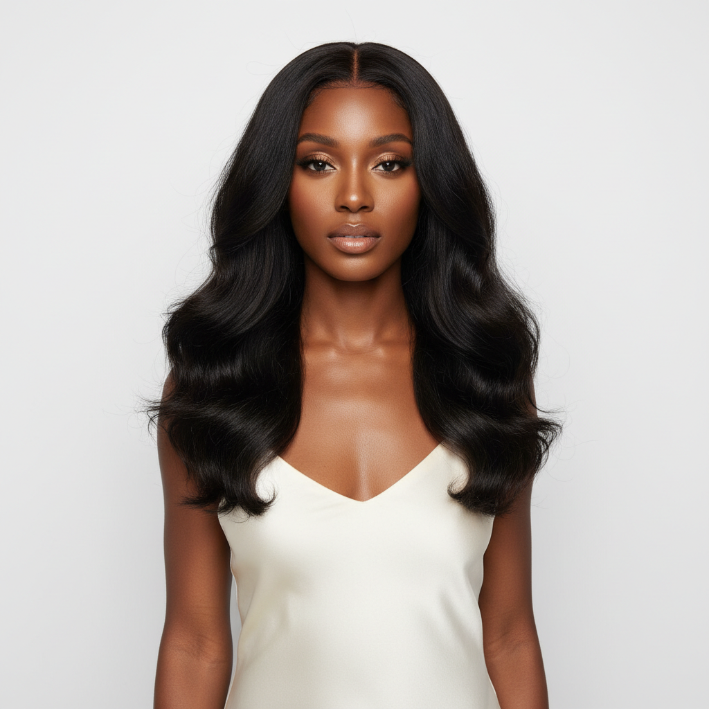 Radiant Black woman wearing a body wave glueless HD lace wig with natural healthy waves from Melted Hair