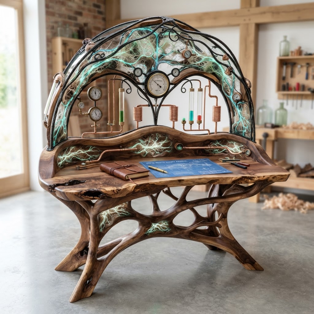 Bespoke Treetop Dendritic Mycelium-Infused Phyto-Kinetic Sap-Flow Canopy Storm-Tracking Writing Desk
