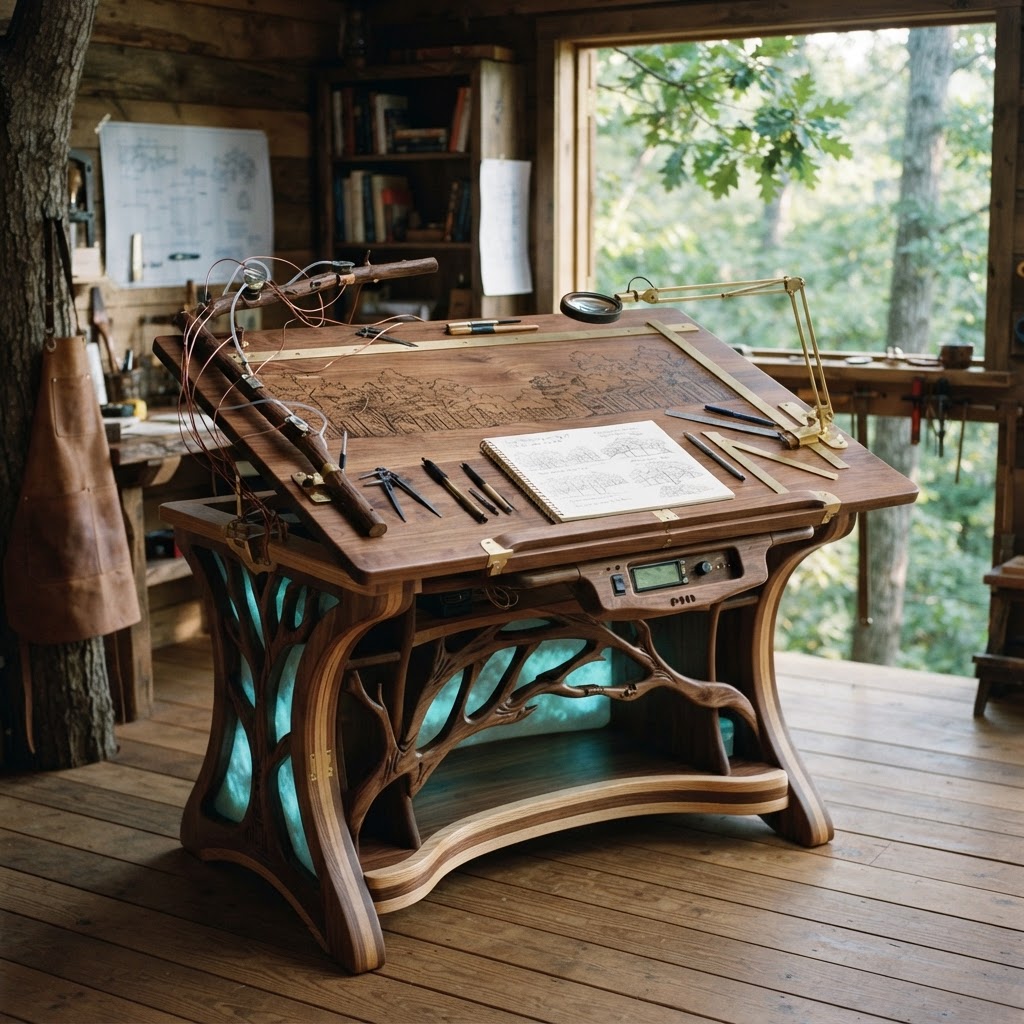 Bespoke Treetop Dendritic Mycelium-Infused Phyto-Tectonic Sap-Flow Canopy Horizon-Tracing Drafting Table
