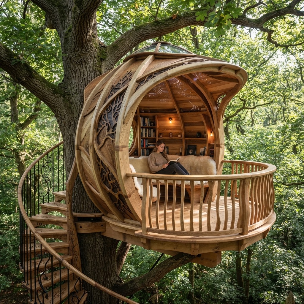 Bespoke Treetop Dendritic Mycelium-Infused Phyto-Cyclic Sap-Flow Canopy Aurora-Mapping Reading Nook