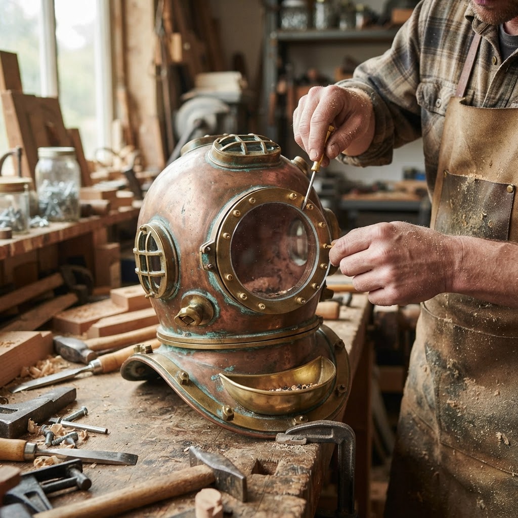 Vintage Patinated Copper Diving Suit Helmet Bird Feeder — step 3