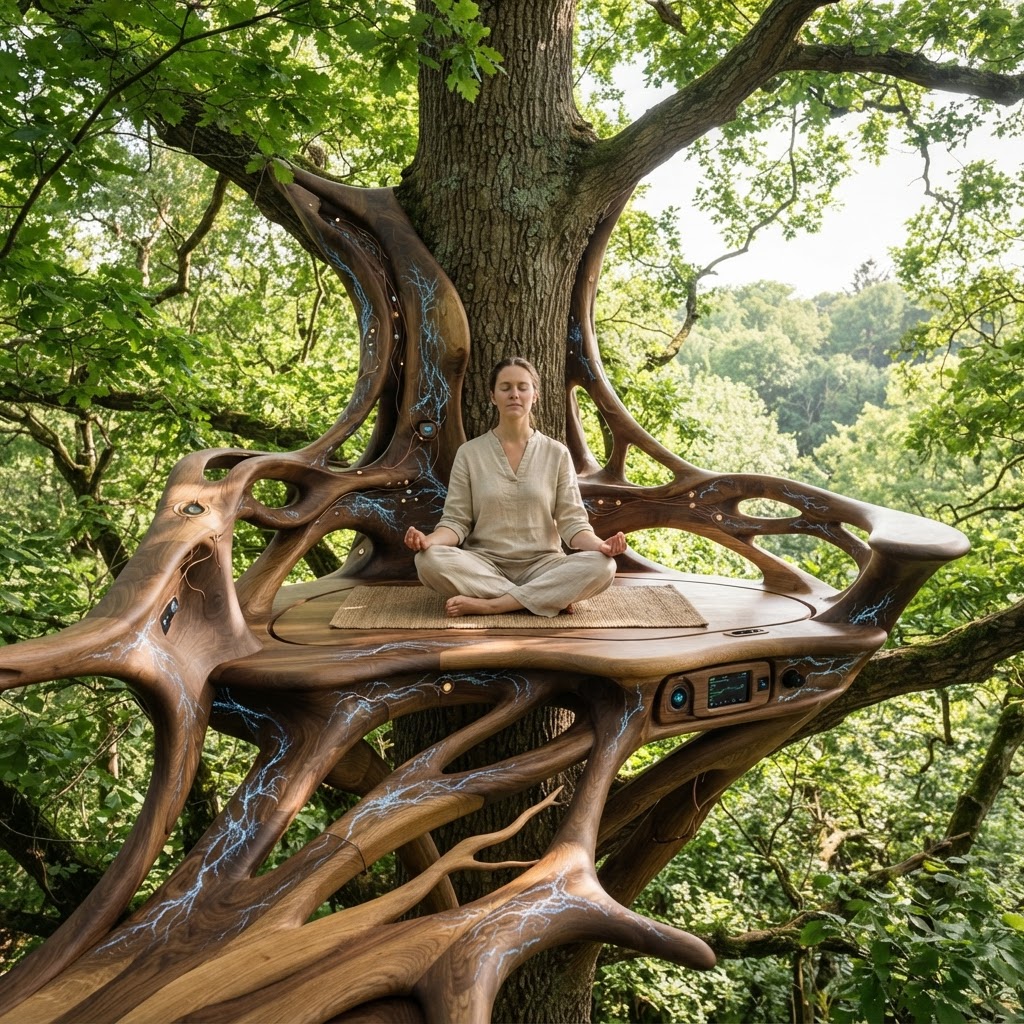 Bespoke Treetop Dendritic Mycelium-Infused Phyto-Pulsatile Sap-Flow Canopy Aurora-Tracking Meditation Plinth