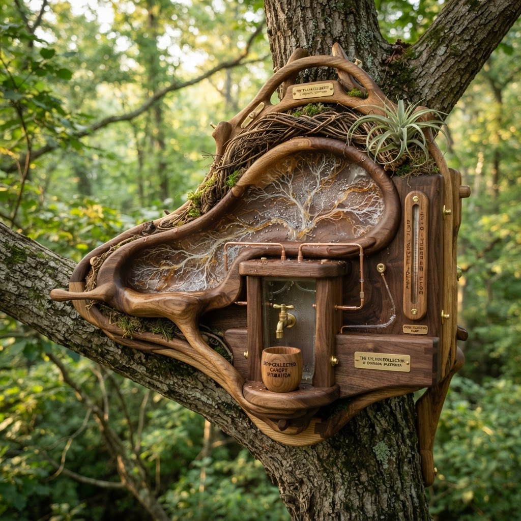 Bespoke Treetop Dendritic Mycelium-Infused Phyto-Thermal Sap-Flow Dew-Collector Console
