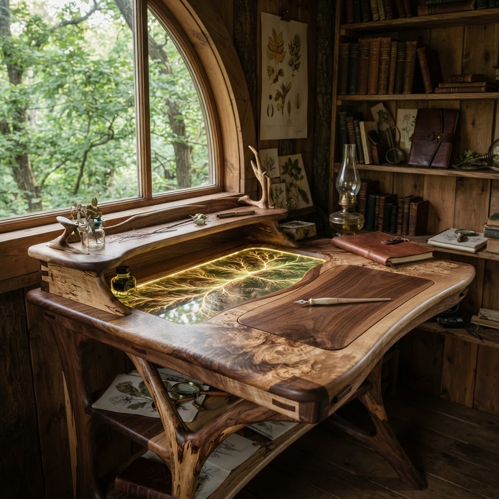 Bespoke Treetop Dendritic Mycelium-Infused Phyto-Glow Sap-Flow Canopy Inkwell Desk