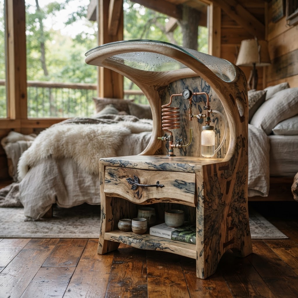 Bespoke Treetop Dendritic Mycelium-Infused Phyto-Baric Sap-Flow Canopy Dew-Condensing Nightstand
