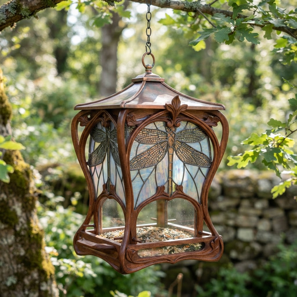 Art Nouveau Dragonfly Wing Stained Glass Seed Aviary
