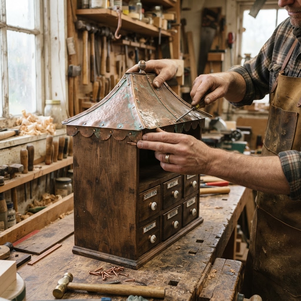 Vintage Patinated Copper Victorian Apothecary Seed Apothecary Cabinet — step 4