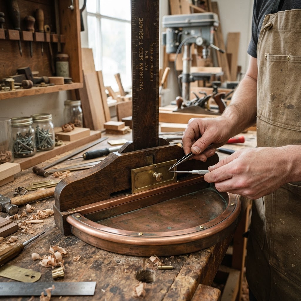Vintage Patinated Copper Victorian Drafting T-Square Seed Reservoir — step 3