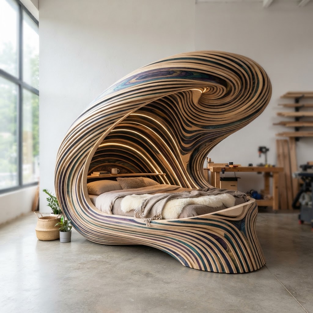 Nebula-Patterned Laminated Plywood Canopy Cocoon