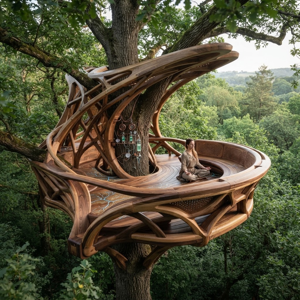 Bespoke Treetop Dendritic Mycelium-Infused Phyto-Sonic Sap-Flow Canopy Resonance-Mapping Meditation Plinth