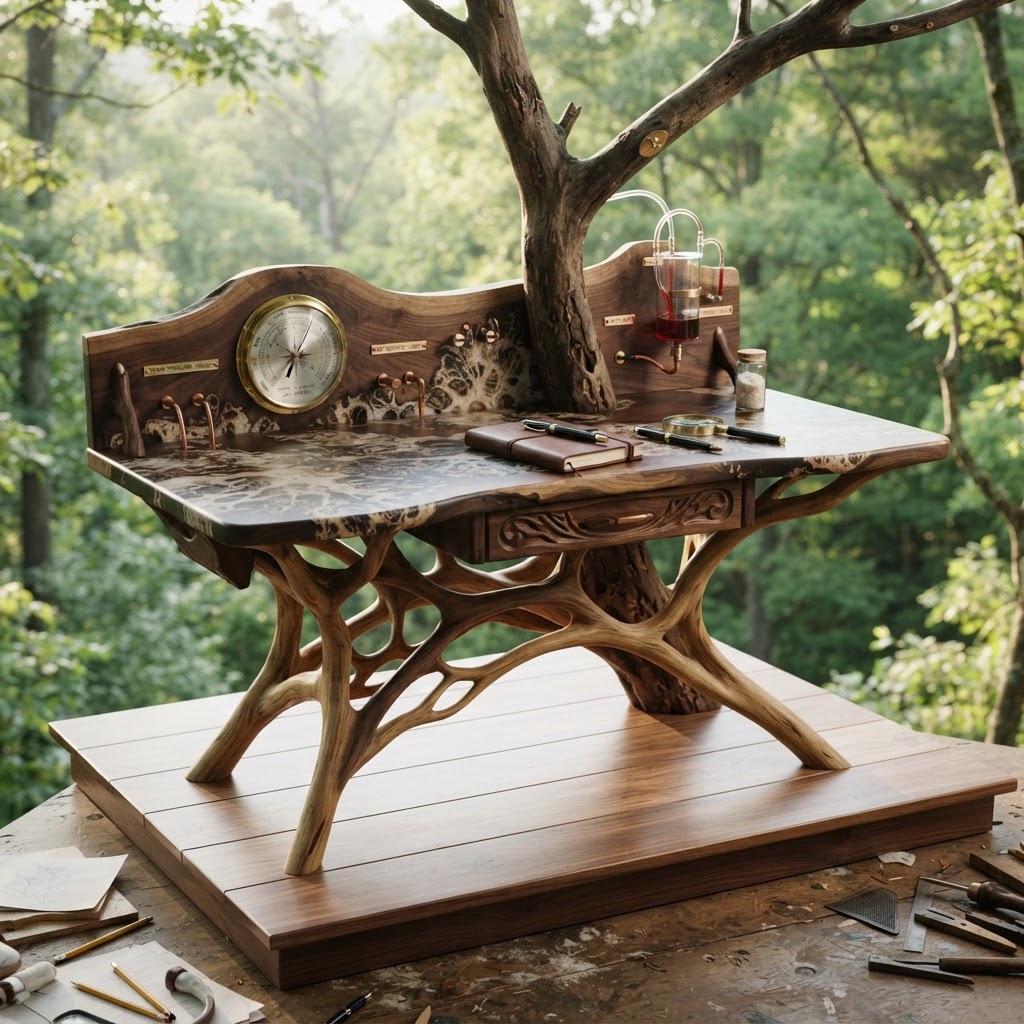 Bespoke Treetop Dendritic Mycelium-Infused Phyto-Pneumatic Sap-Flow Canopy Storm-Tracking Writing Desk