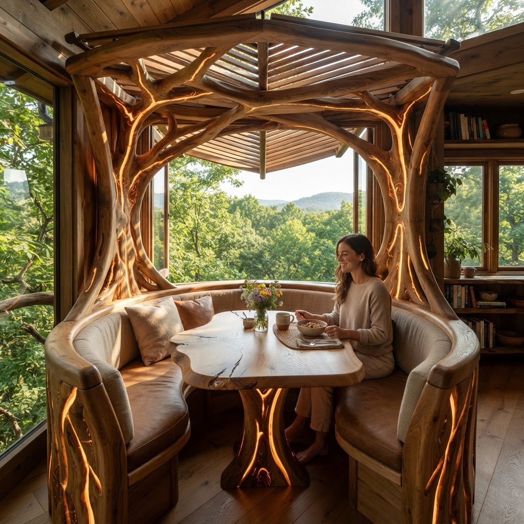 Bespoke Treetop Dendritic Mycelium-Infused Phyto-Thermal Sap-Flow Canopy Radiance-Tracking Breakfast Nook