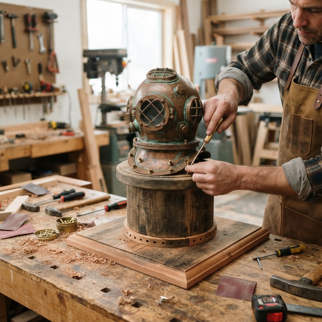 Vintage Patinated Copper Diving Suit Helmet Bird Feeder — step 4