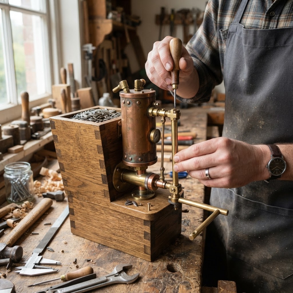 Vintage Patinated Copper Victorian Steam Engine Piston Seed Feeder — step 2