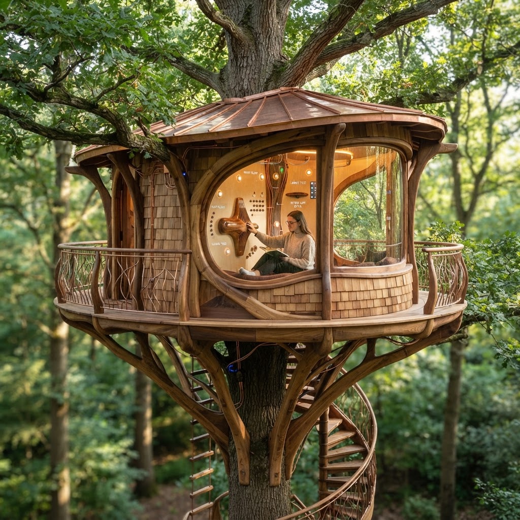 Bespoke Treetop Dendritic Mycelium-Infused Phyto-Gravimetric Sap-Flow Canopy Tide-Mapping Reading Nook
