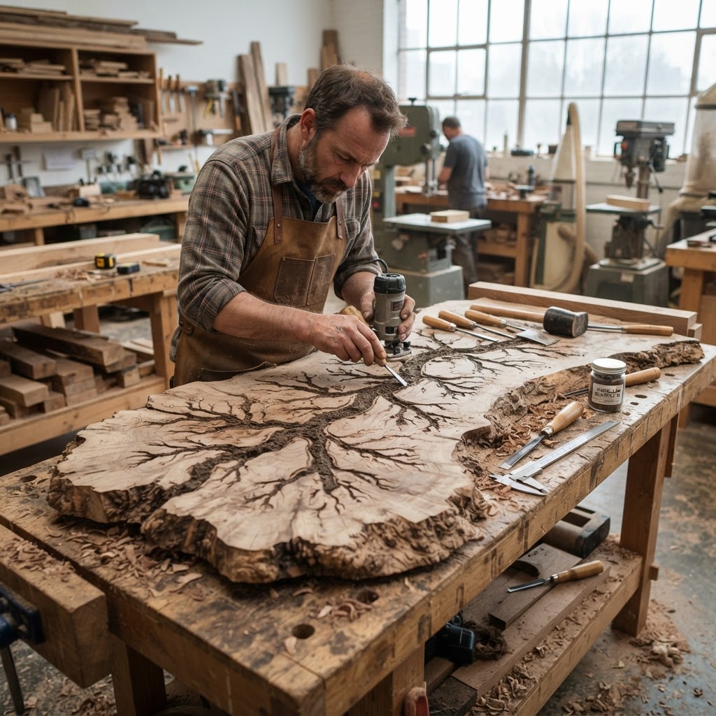 Bespoke Treetop Dendritic Mycelium-Infused Phyto-Kinetic Sap-Flow Canopy Storm-Tracking Writing Desk — step 1