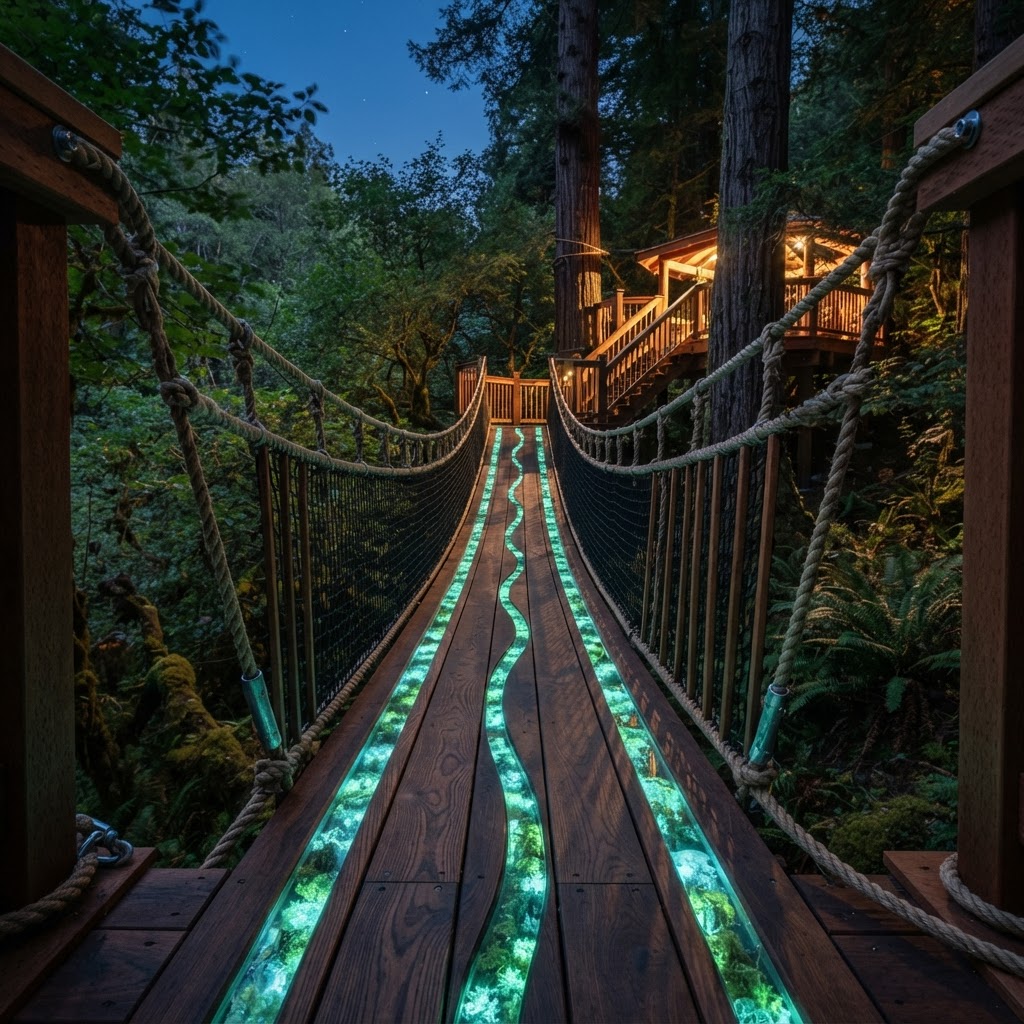 Bioluminescent Moss-Inlay Suspension Bridge