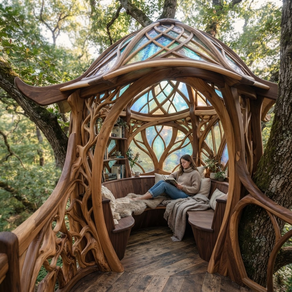 Bespoke Treetop Dendritic Mycelium-Infused Phyto-Diffractive Sap-Flow Canopy Aurora-Mapping Reading Nook